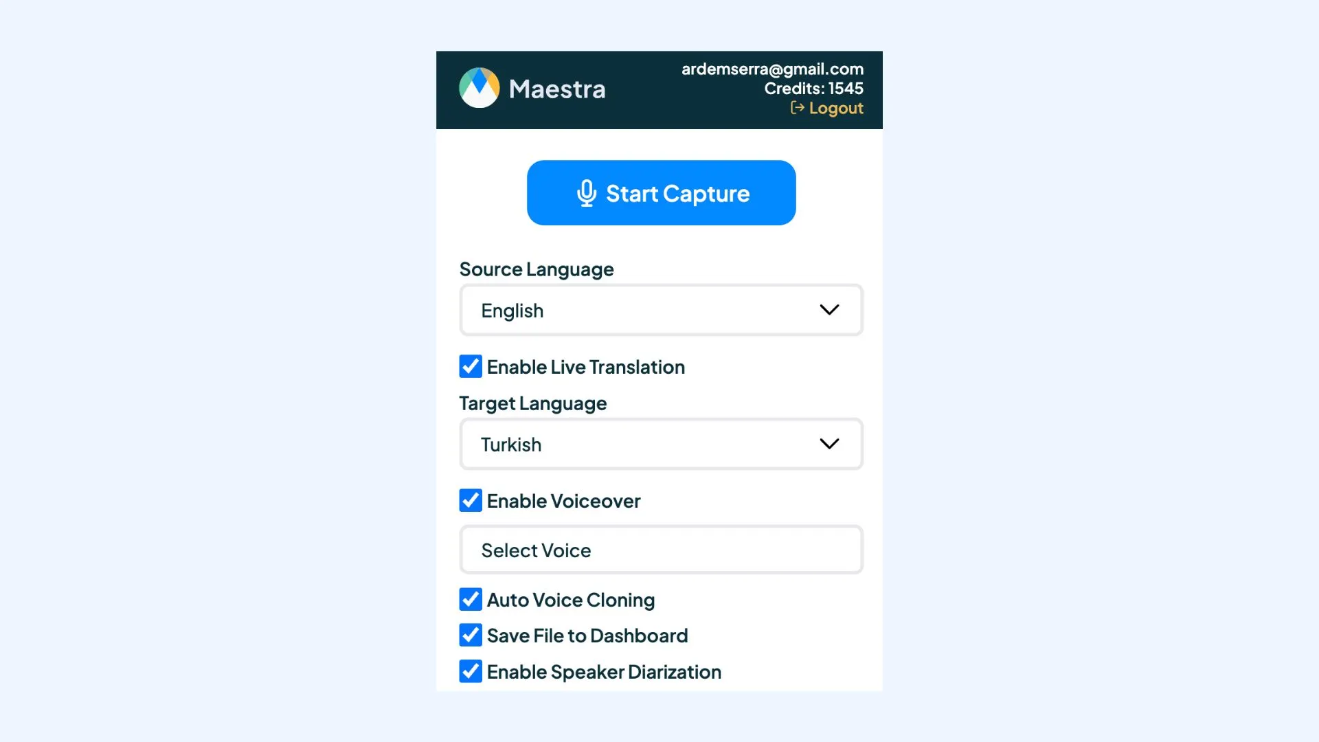 The interface of Maestra's live voice translation and transcription Chrome extension.