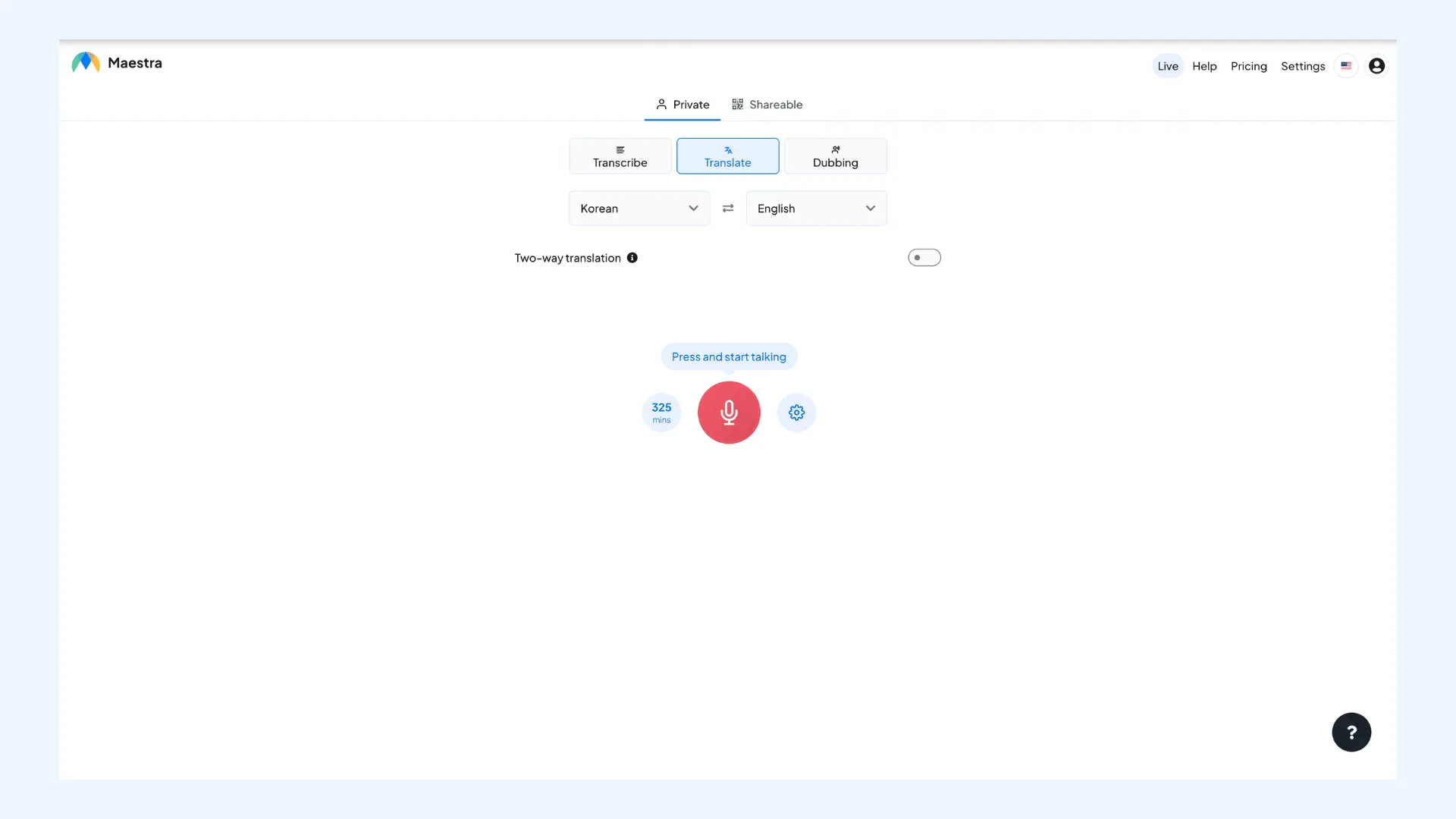 Maestra's real-time translator set for Korean to English translation.