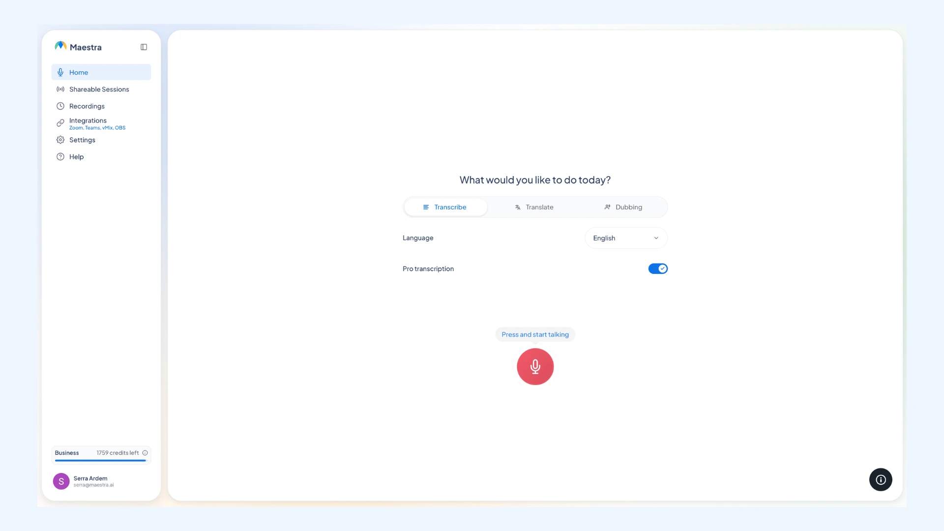 Maestra Live interface home screen showing options for Transcribe, Translate, and Dubbing.