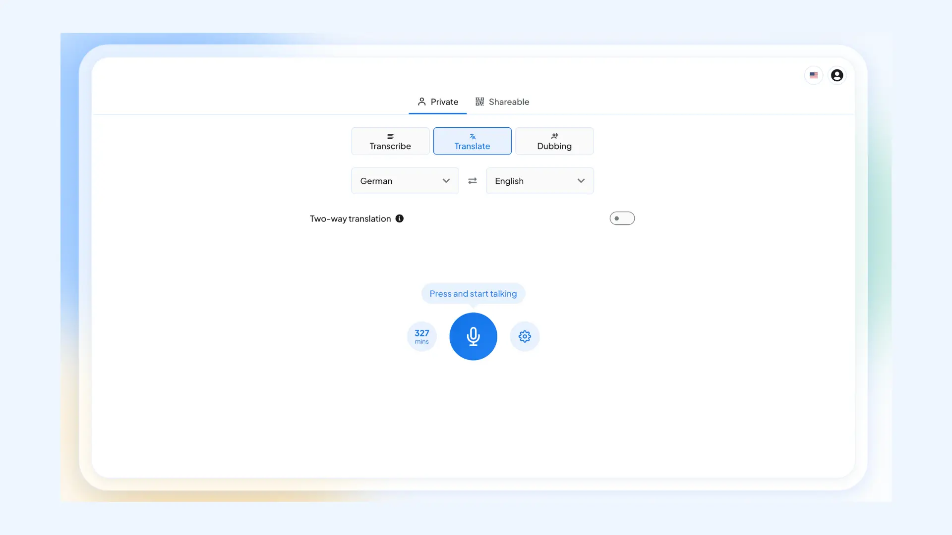 The interface of Maestra's live German voice translator.