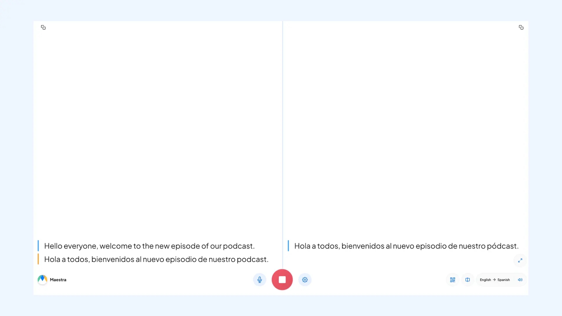 The interface of Maestra's live voice translator showing a podcast translation between English and Spanish.