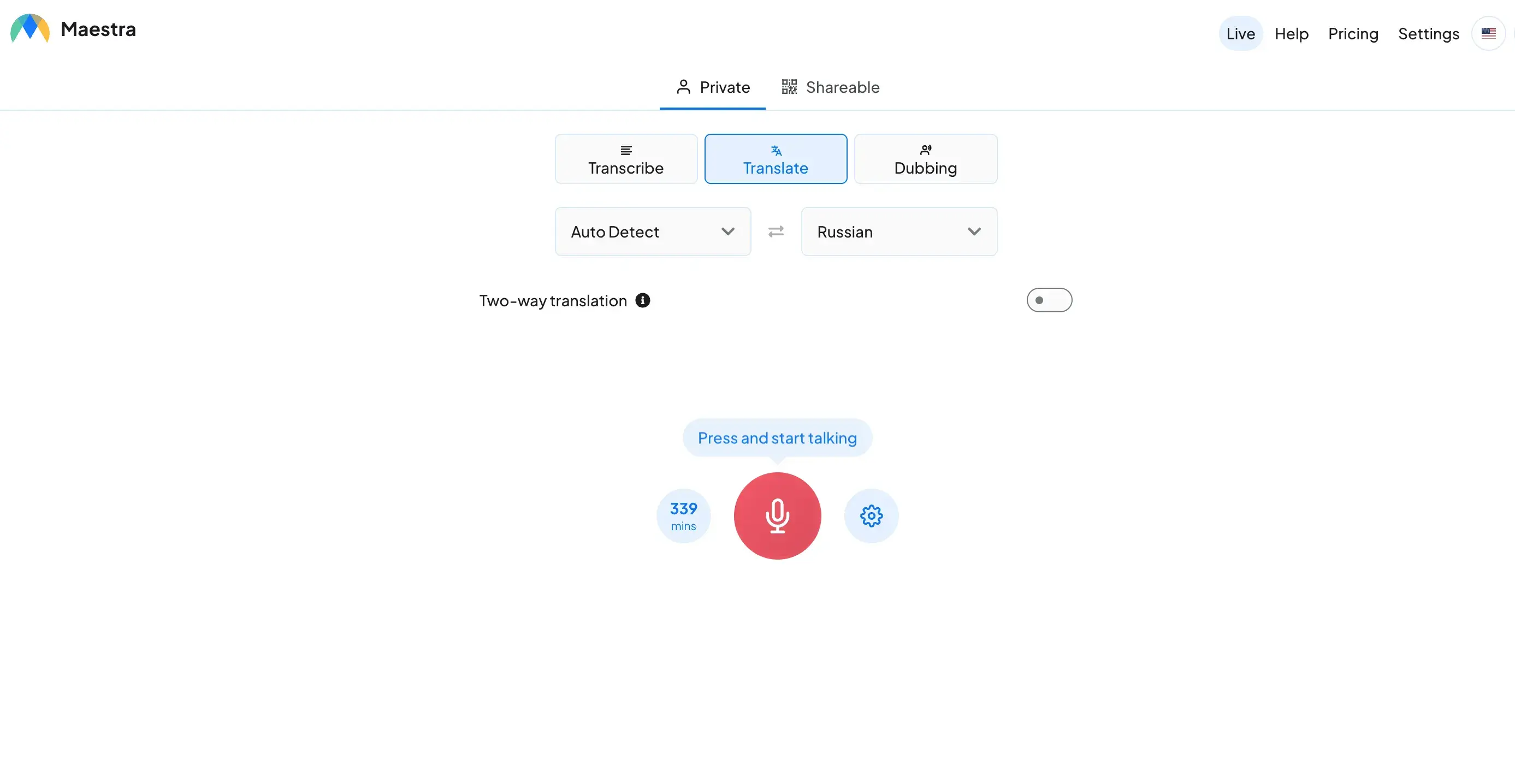 Maestra interface for live Russian translation.