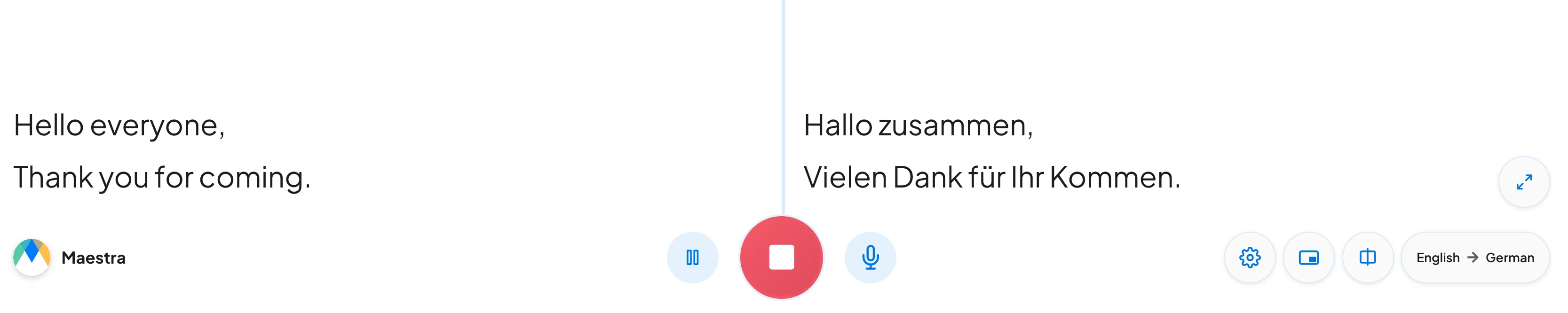 Maestra's simultaneous interpretation software on a desktop, translating English to German live.
