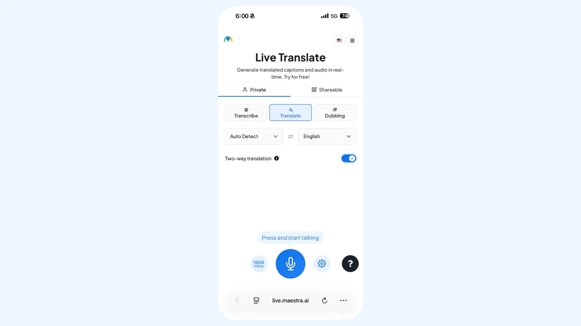 The interface of Maestra's real-time online voice translator on Android.
