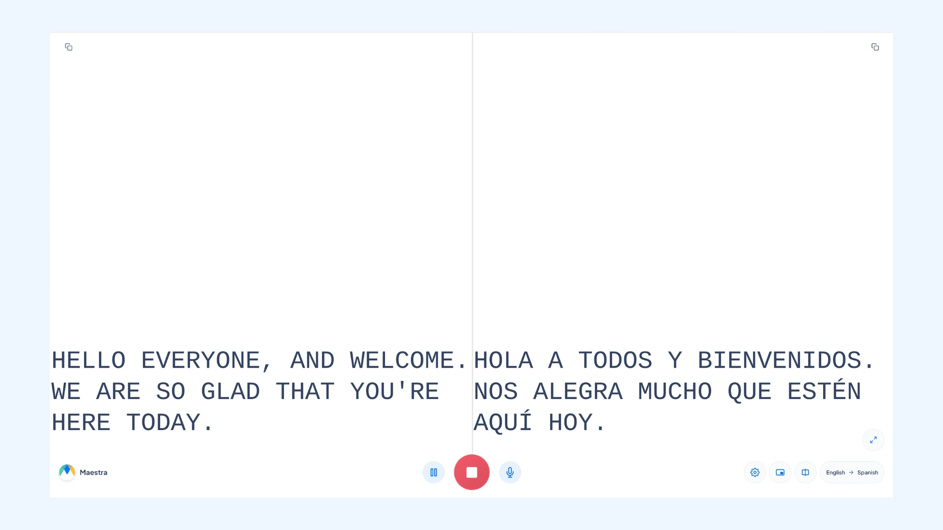 Maestra's live transcription interface showing real-time English text being translated into Spanish text side by side.