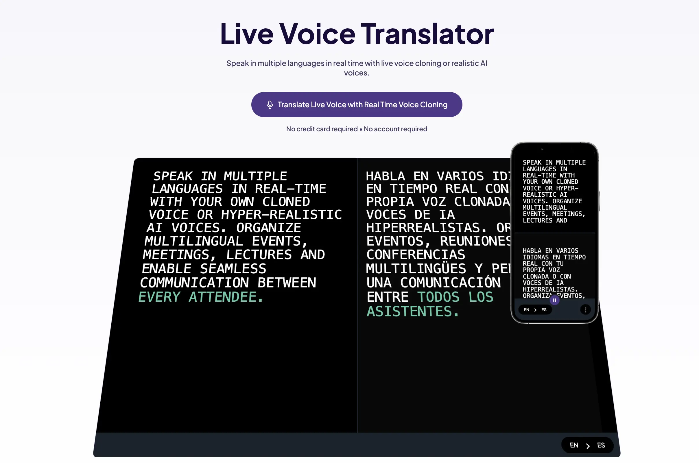 The web page of Maestra's live voice translator.