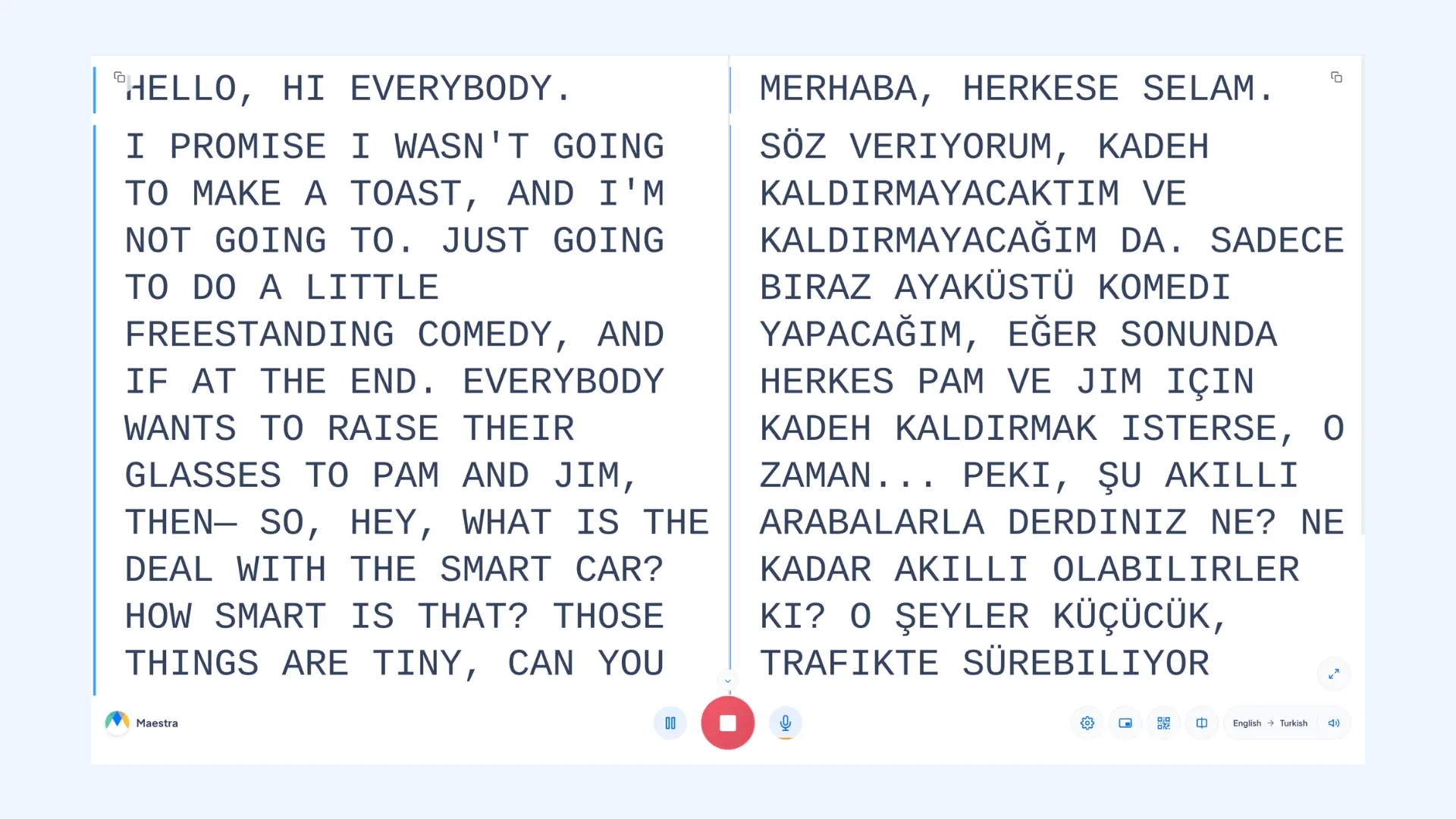 Maestra interface showing side-by-side live translation of a wedding speech.