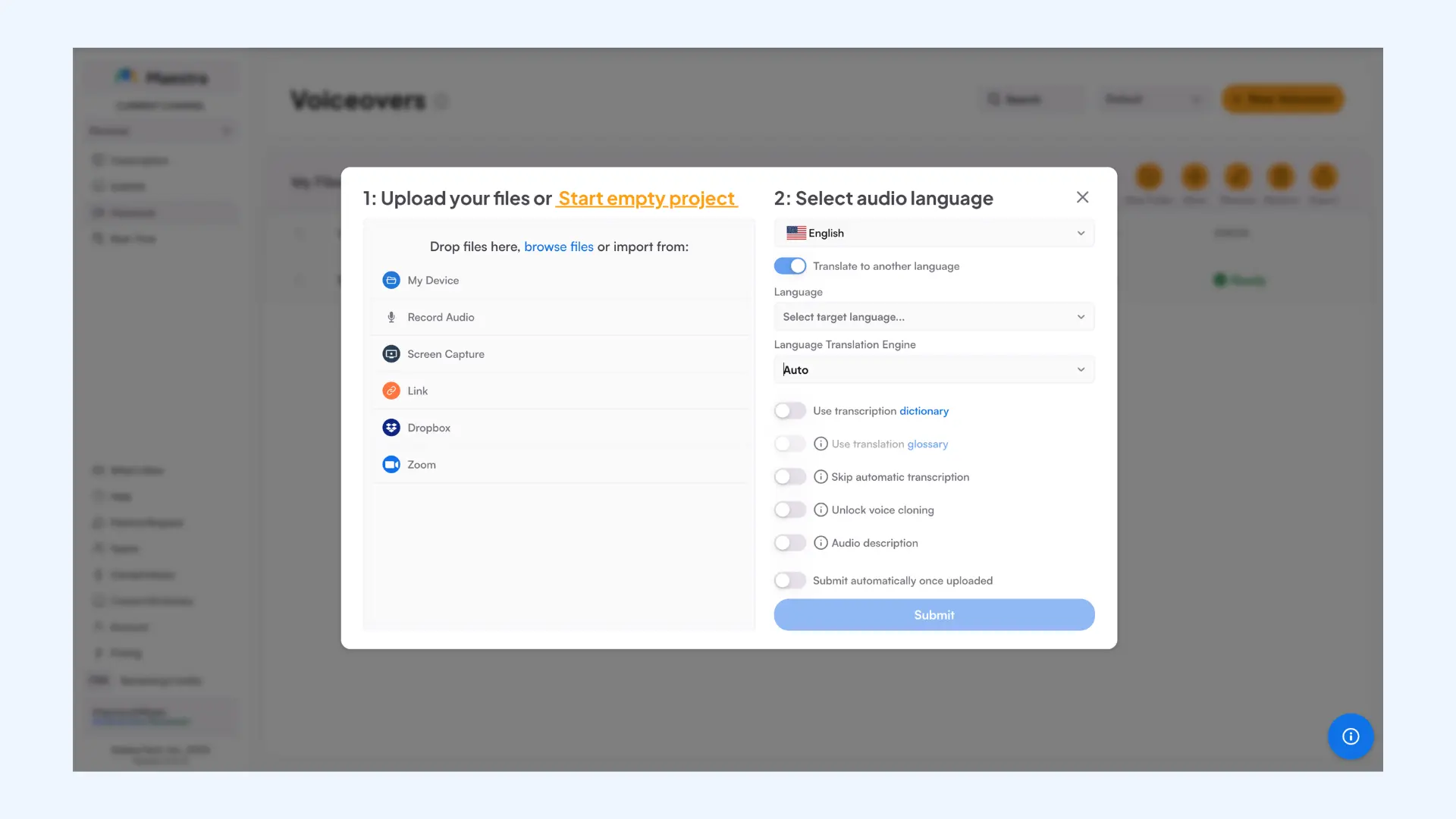 How to upload an audio or video file to translate a podcast with Maestra.