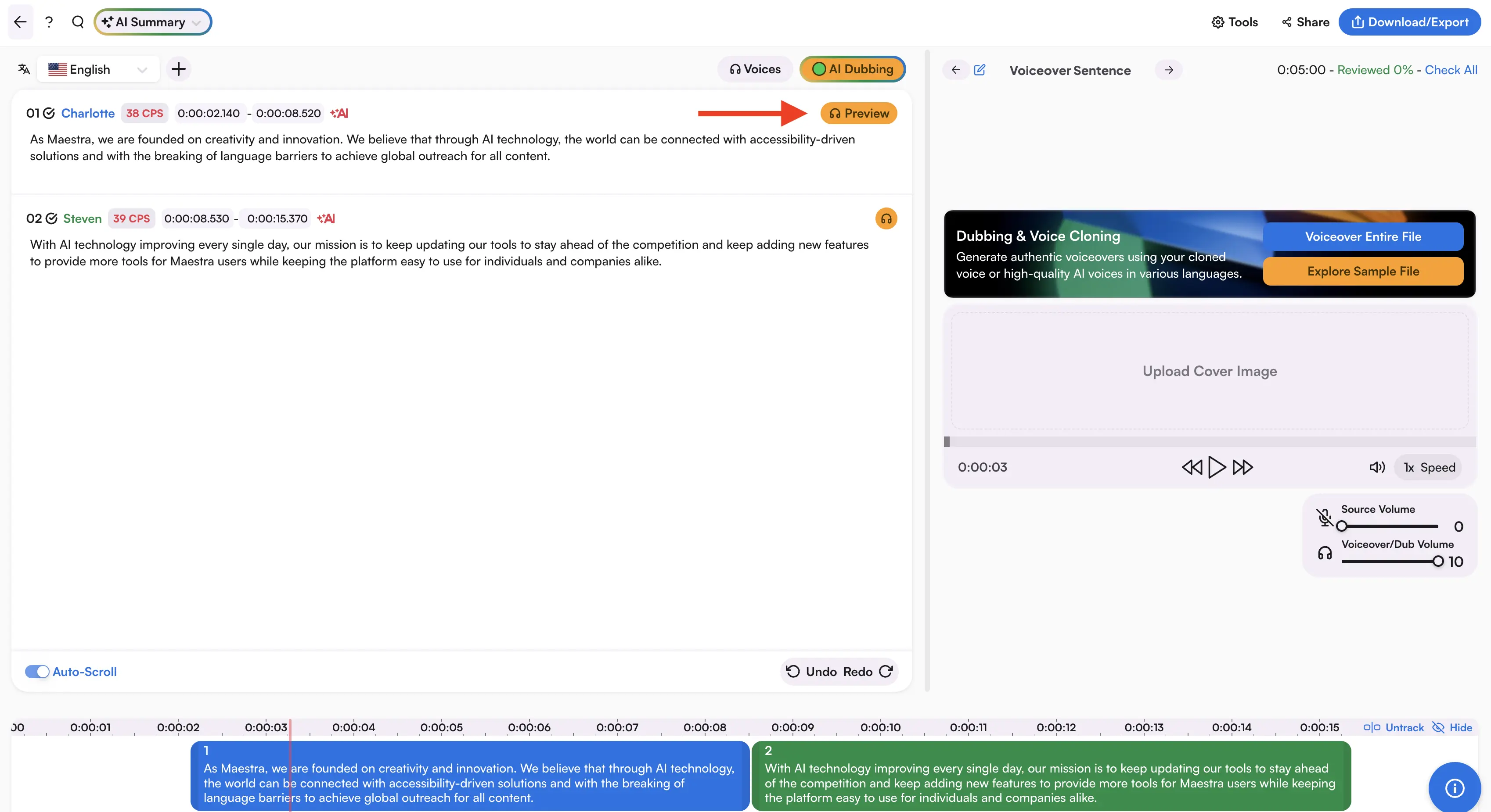 How to preview voiceovers in Maestra's text to speech converter.
