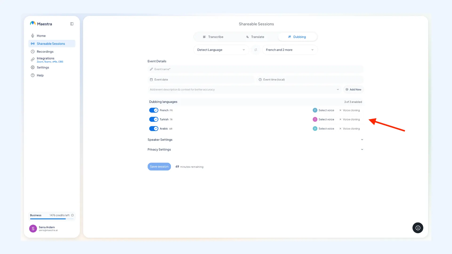 How to choose an AI voice for each target language in Maestra's live voice translator.