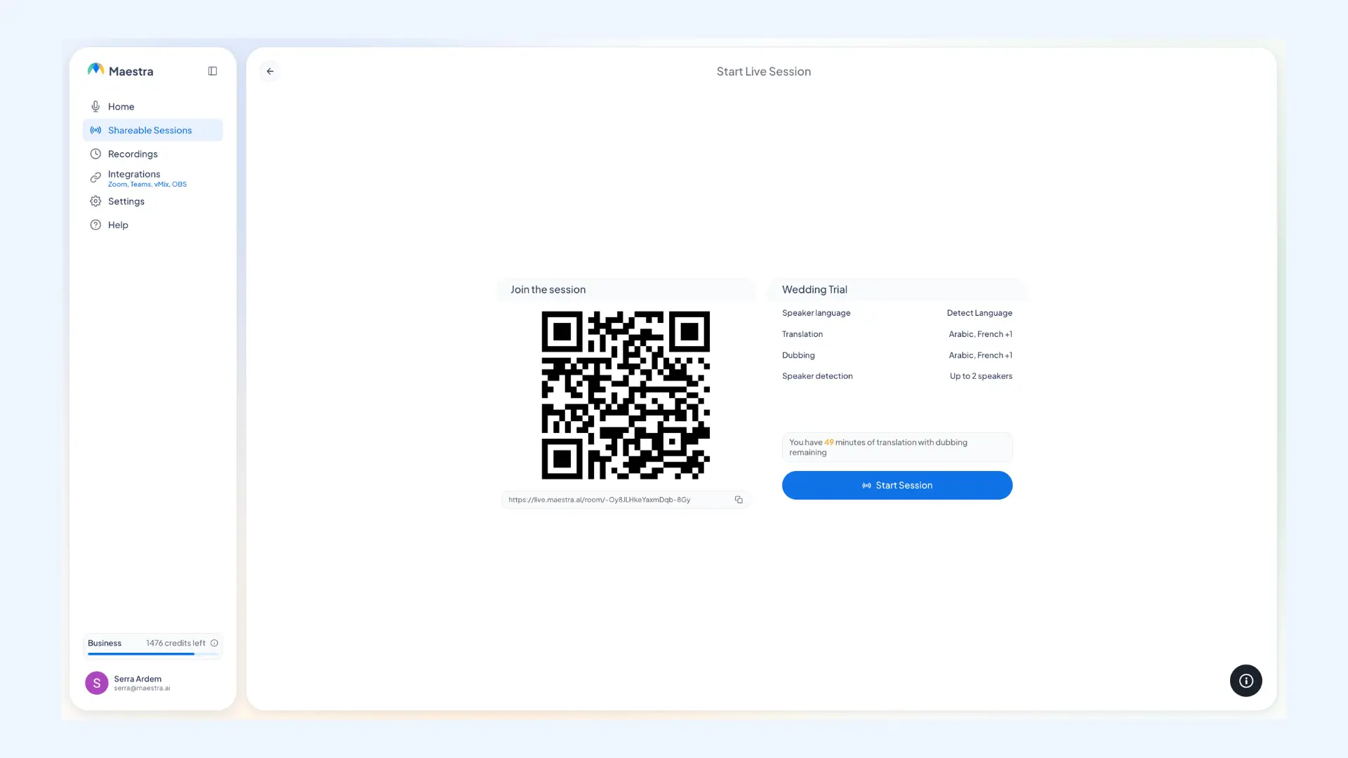 How to get and share a  session QR code or link in Maestra's live speech translator.