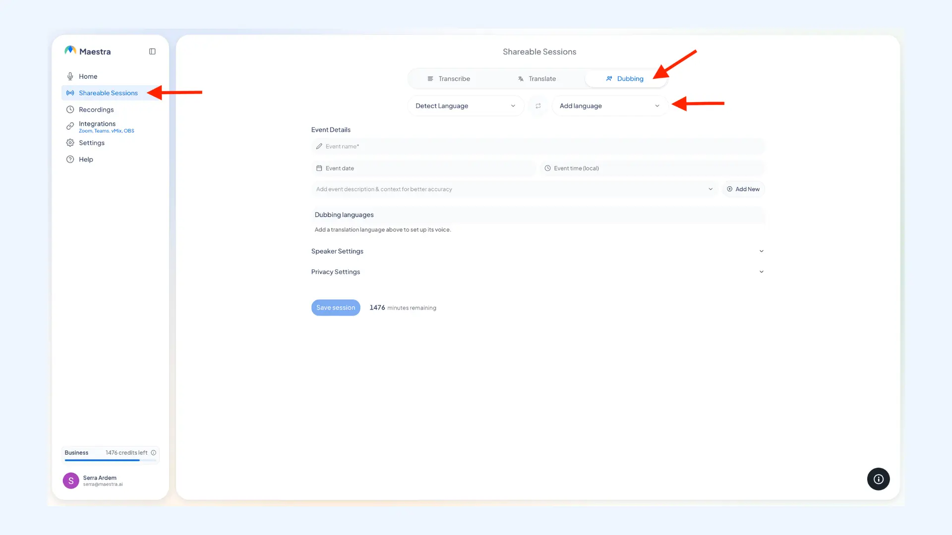 How to start a shareable session in Maestra's live voice translation app.