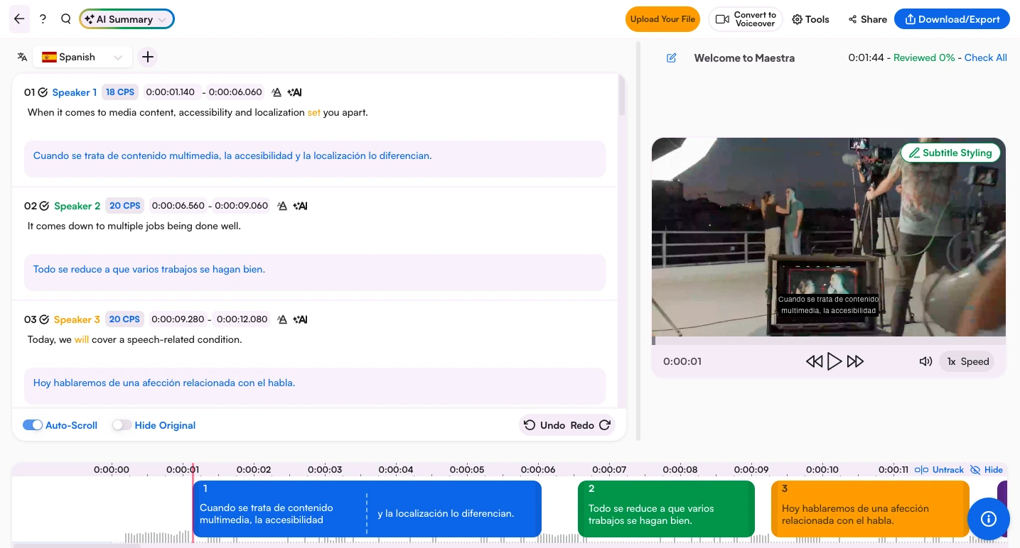 The editing interface of Maestra's AI subtitle generator.