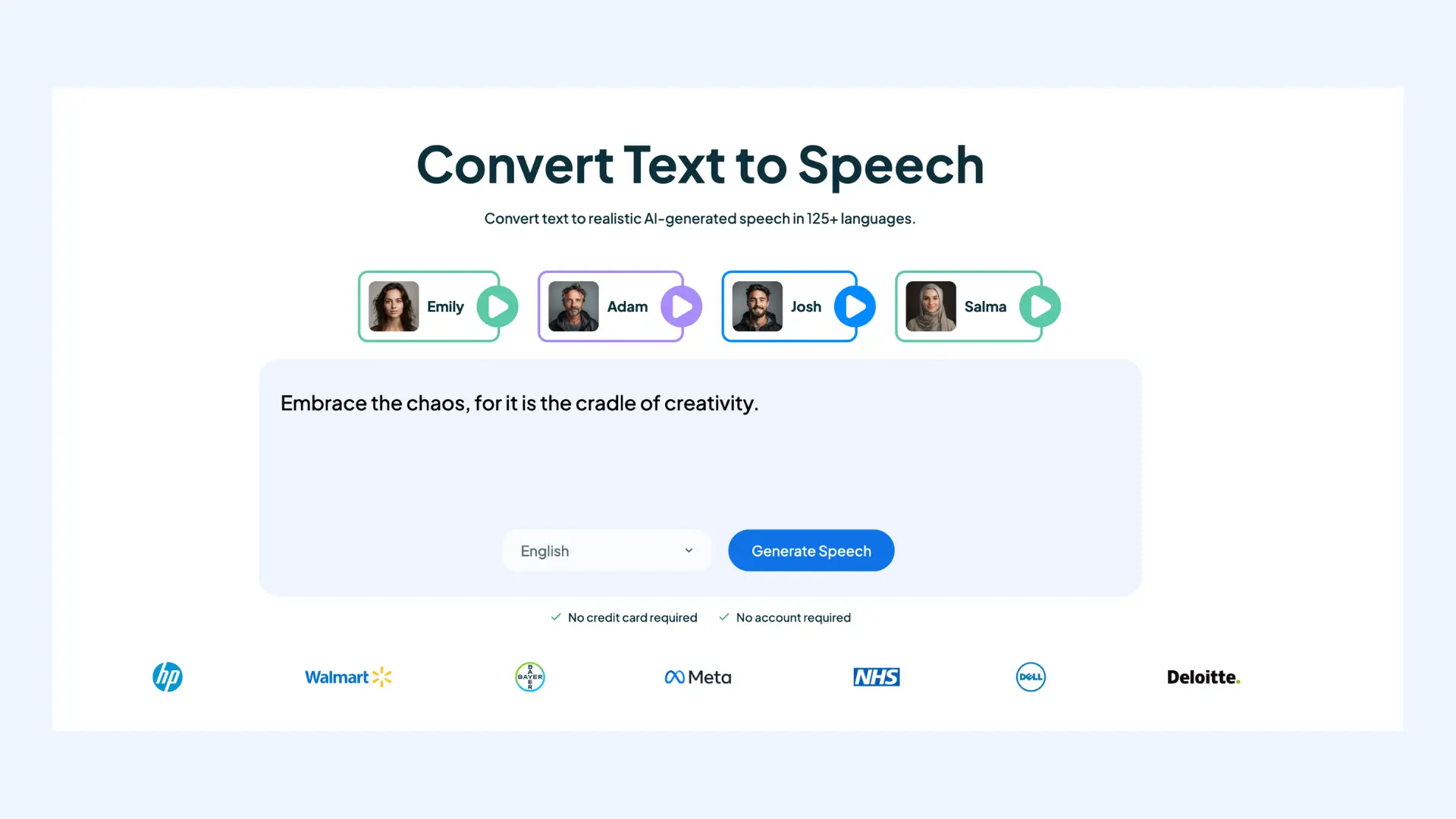 Maestra text-to-speech generator interface with voice selection profiles and a text input box.