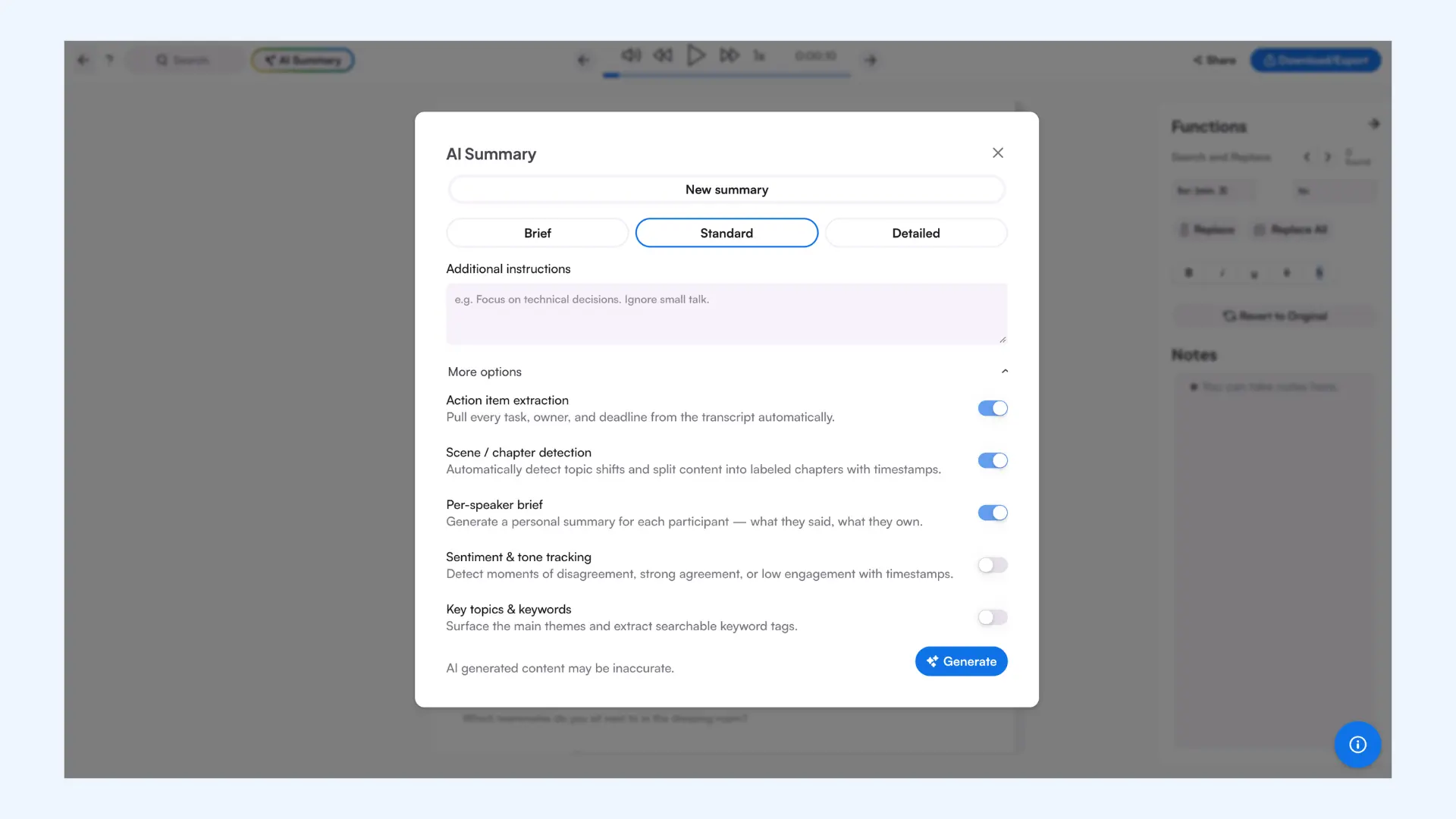 Maestra "AI Summary" pop-up window showing options to customize summary length and add instructions,