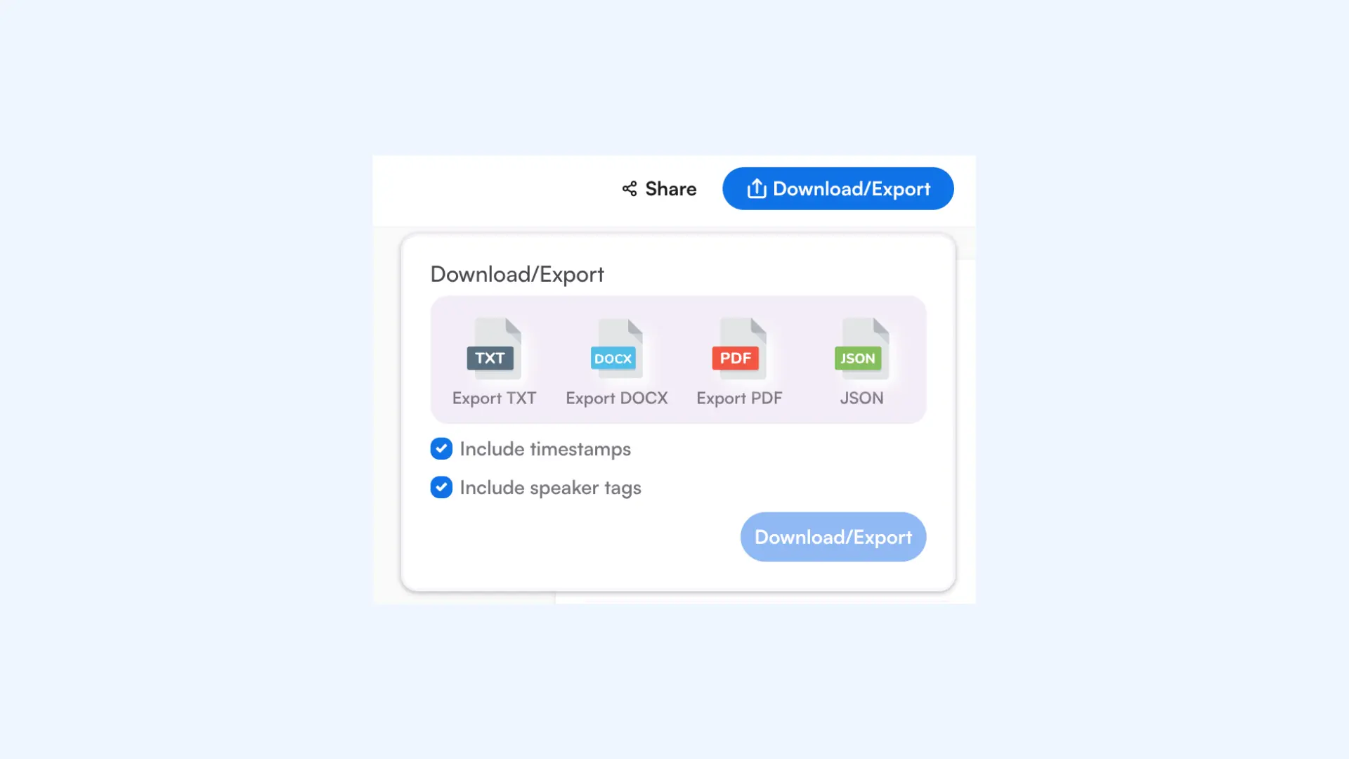 Download options after you transcribe voice memos to text with Maestra.