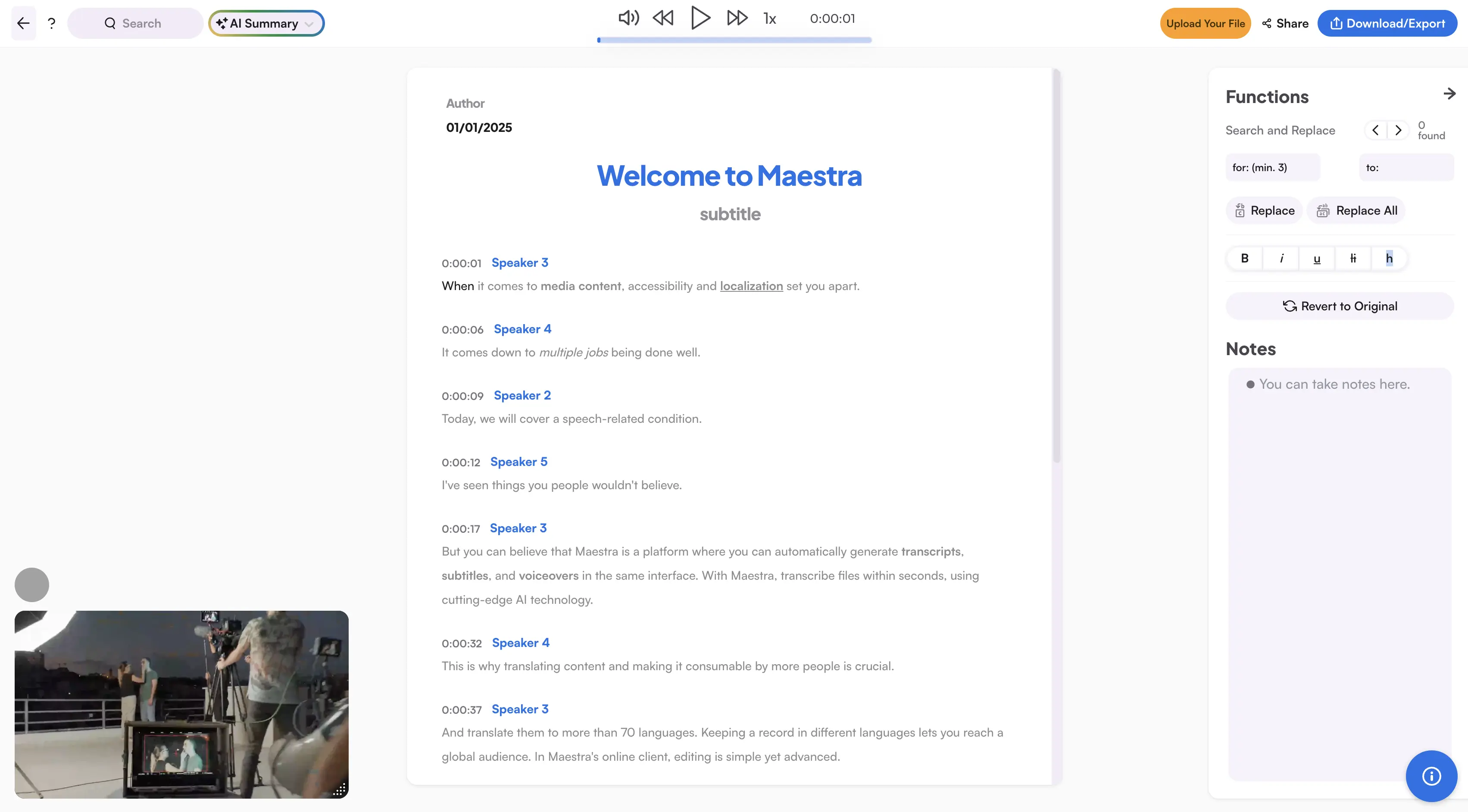 The interface of Maestra's built-in transcription editor.