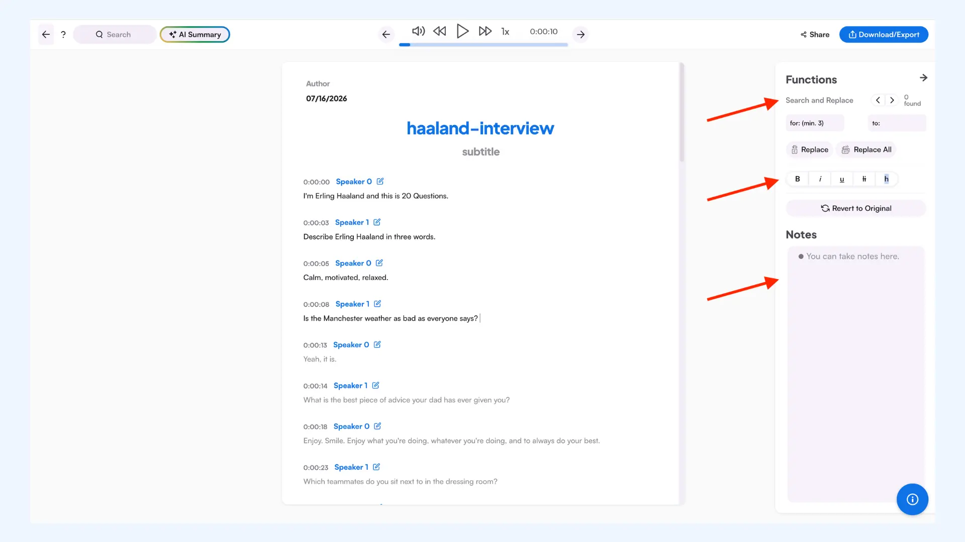 Maestra interface highlighting the tool's search, text formatting, and note-taking features.