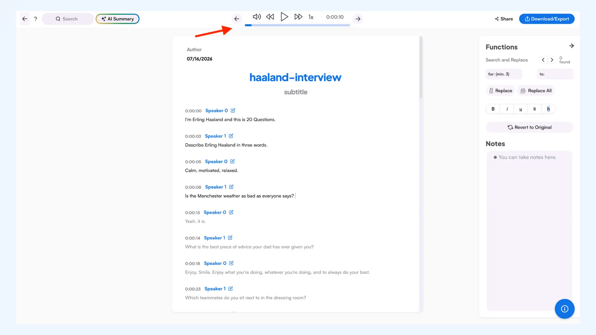 Maestra editor interface showing a timestamped, speaker-labeled transcript.