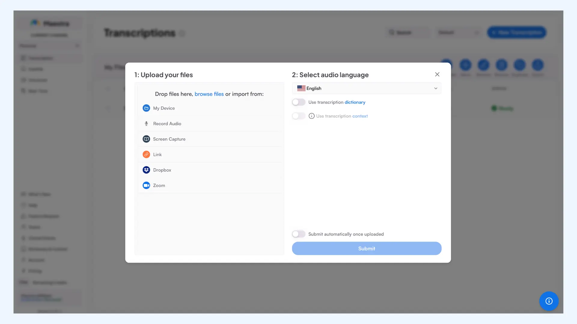 How to upload a file to Maestra's AI transcription tool.