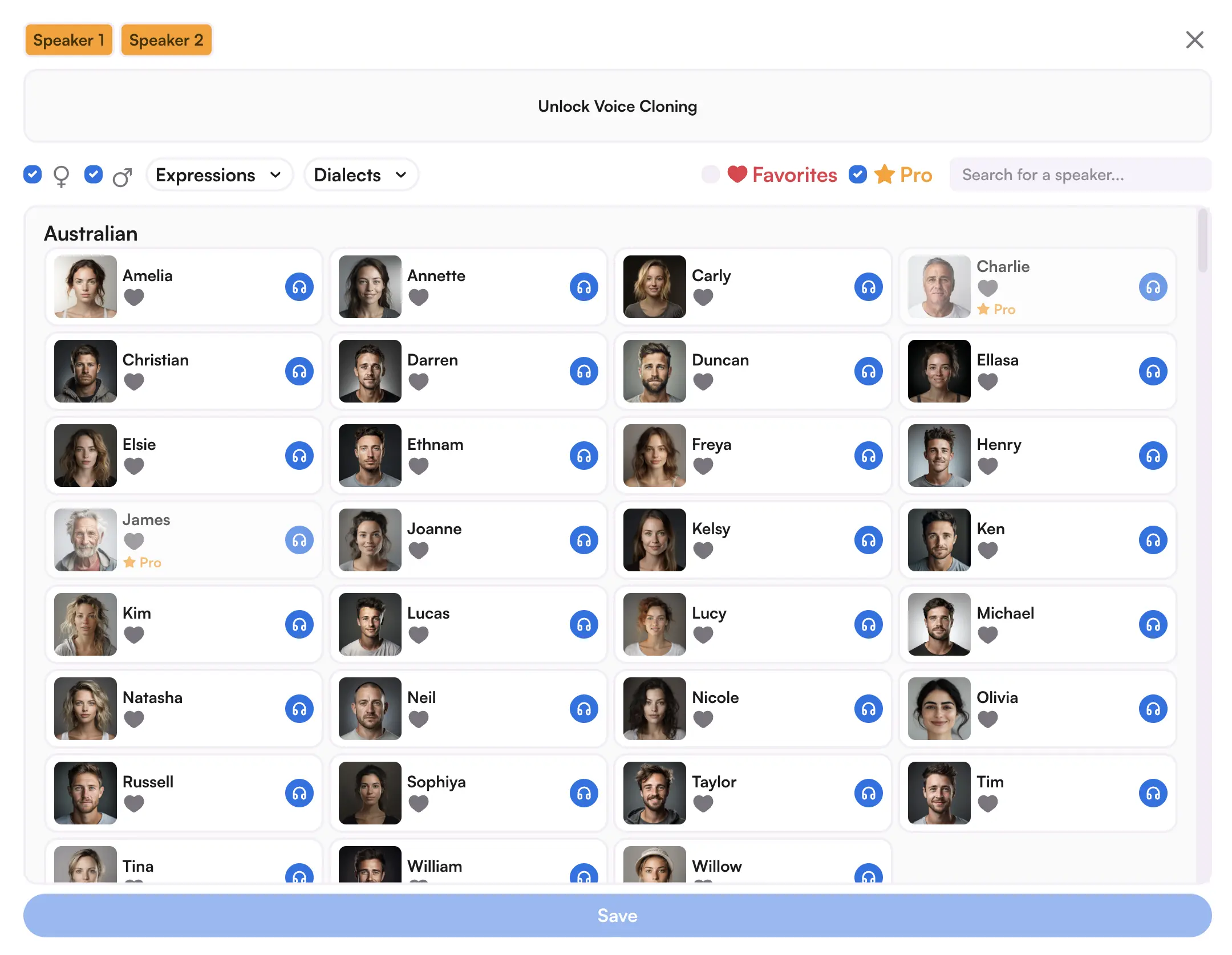 The AI voice library of Maestra's text to speech converter.