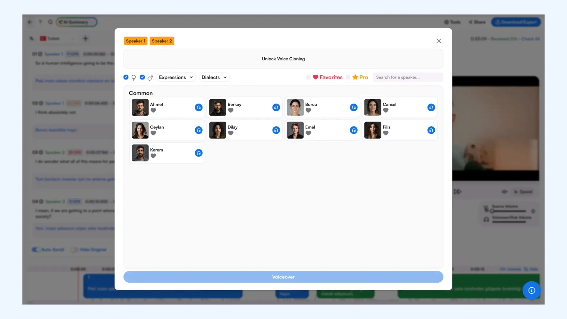 How to choose AI voices in Maestra for podcast translation.