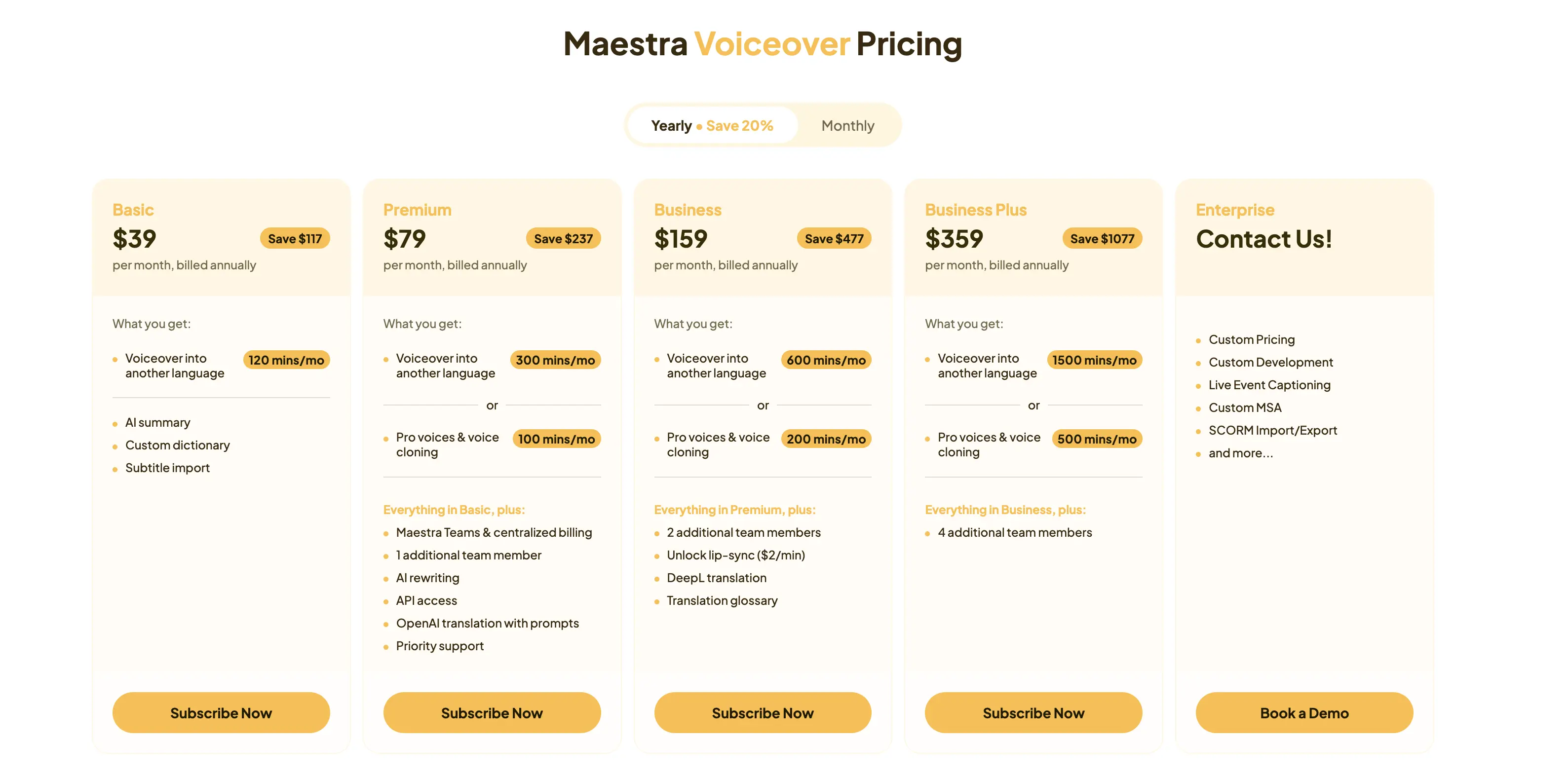 The pricing table for Maestra's voiceover tools.