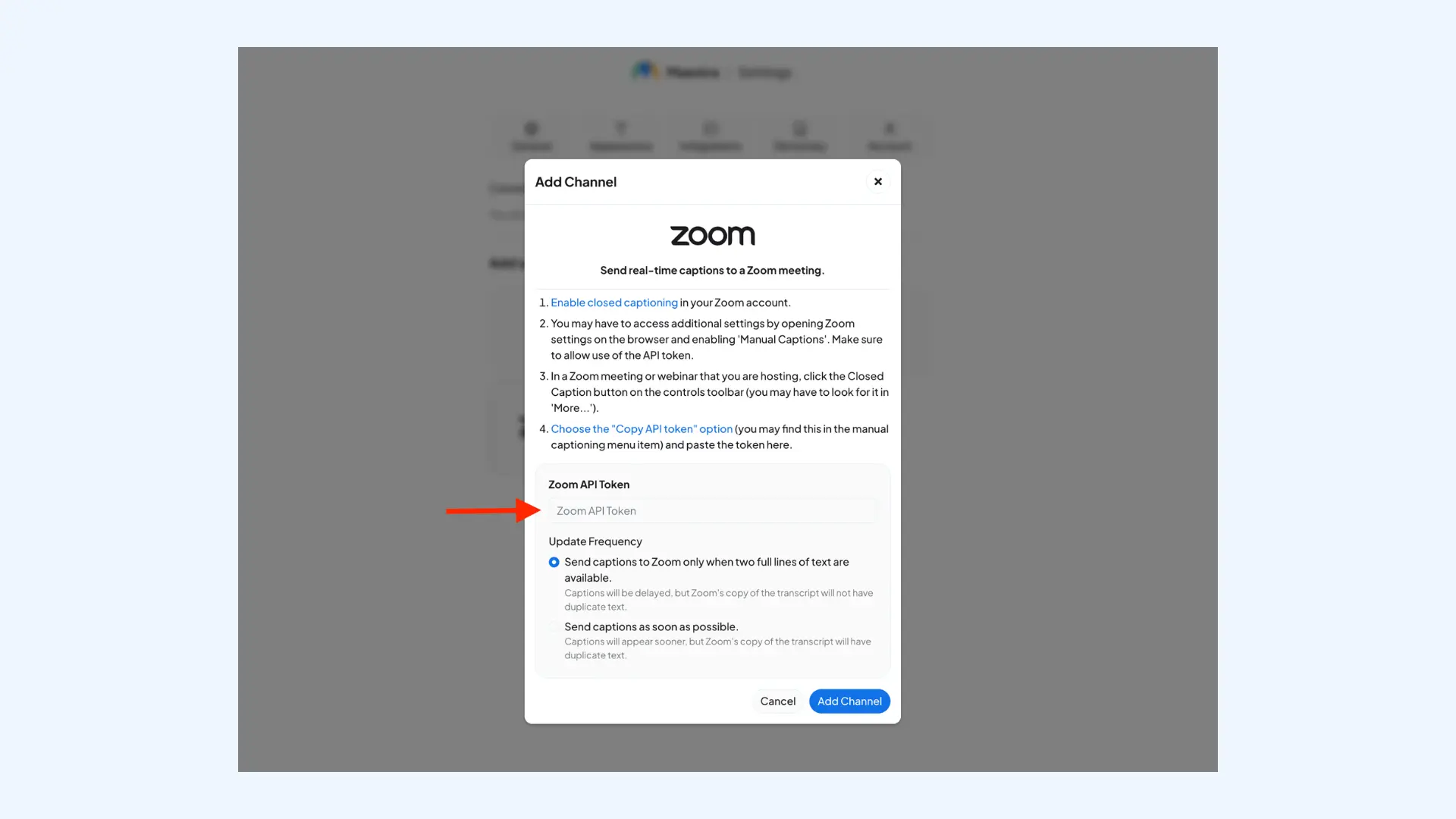 How to enter the Zoom API token in Maestra's real-time online voice translator.
