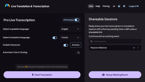 Maestra's live translator and transcription tool.