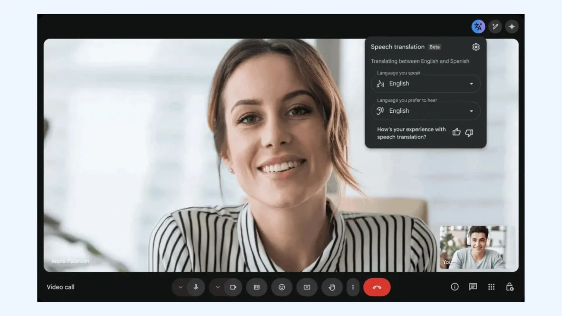 Google Meet interface displaying the real-time speech translation feature.