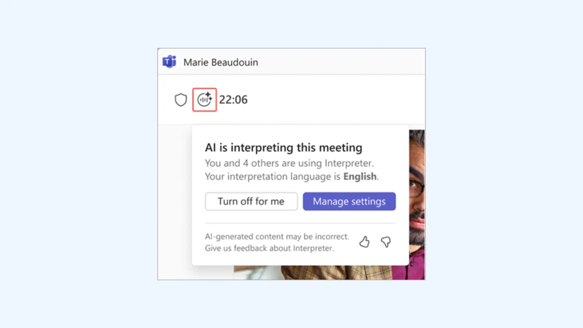 A screenshot of a Microsoft Teams "AI Interpreter" notification.