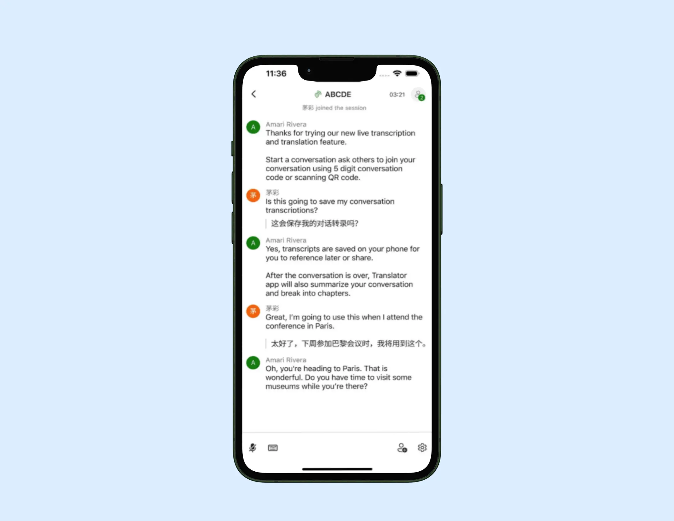 Microsoft Translator interface on iphone displaying live conversation between teams