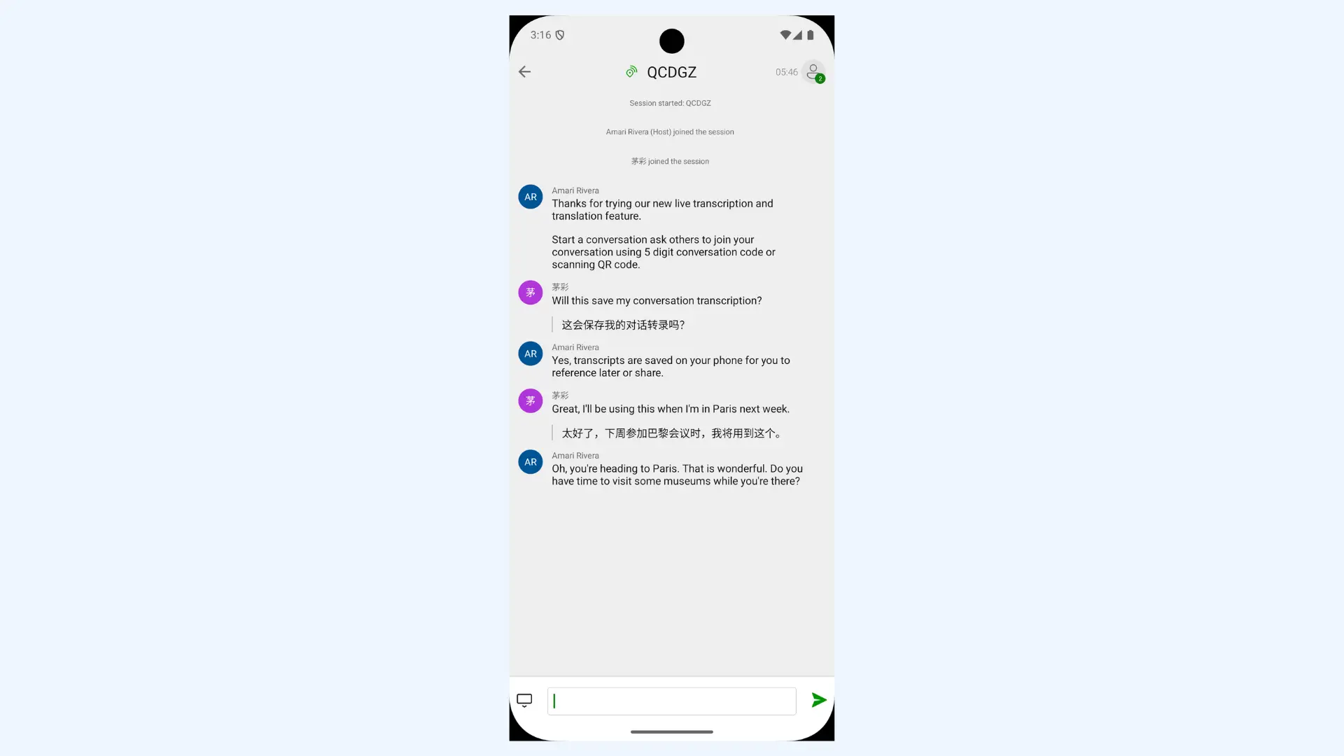 Microsoft Translator app showing a conversation between English and Chinese.