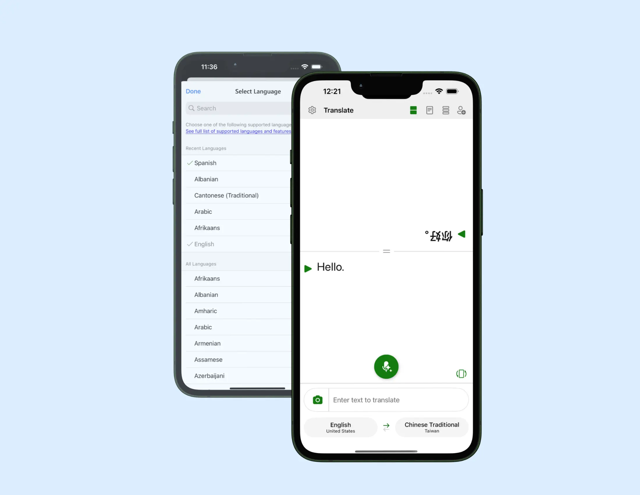 Microsoft Translator iPhone app showing the main translation screen with voice input and a language selection menu