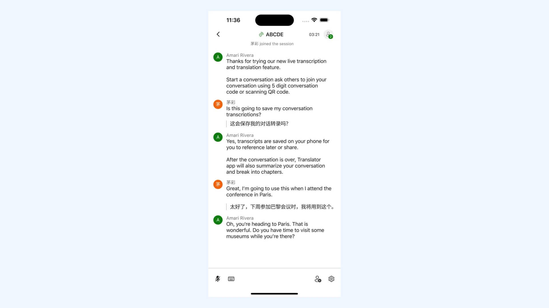 Microsoft Translator app interface showing a live translation chat history between English and Chinese speakers.