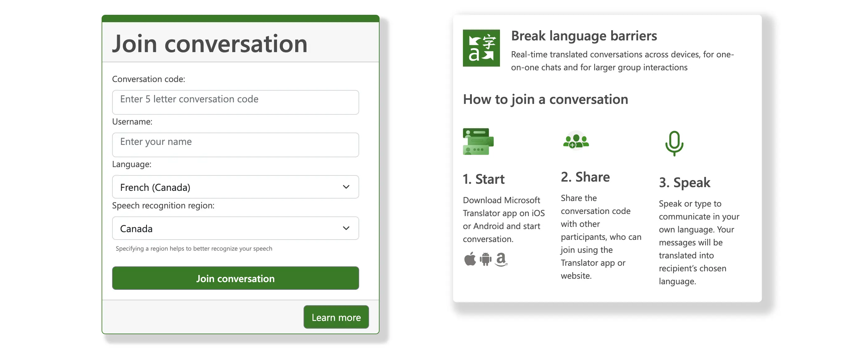 The interface of Microsoft Translator.