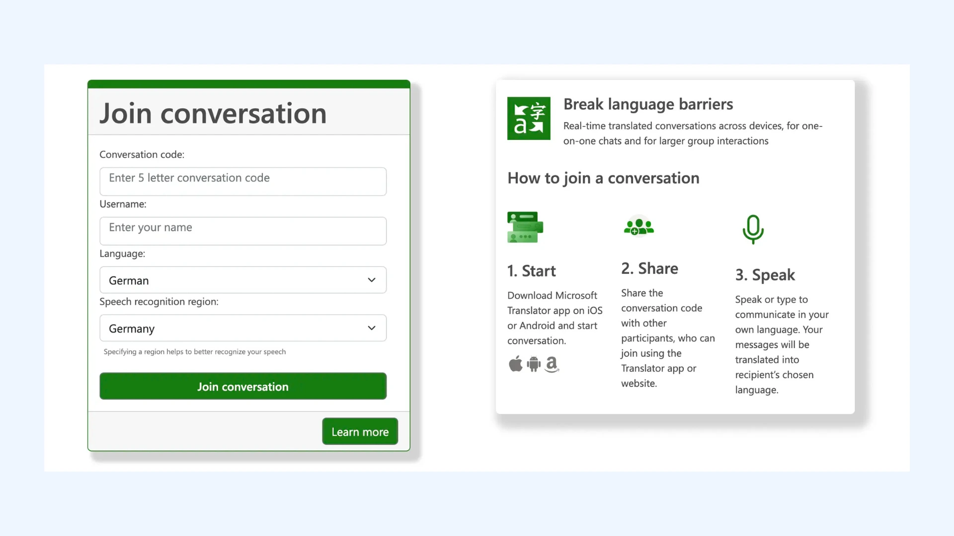 A web interface for Microsoft Translator showing a "Join conversation" form, set to German.