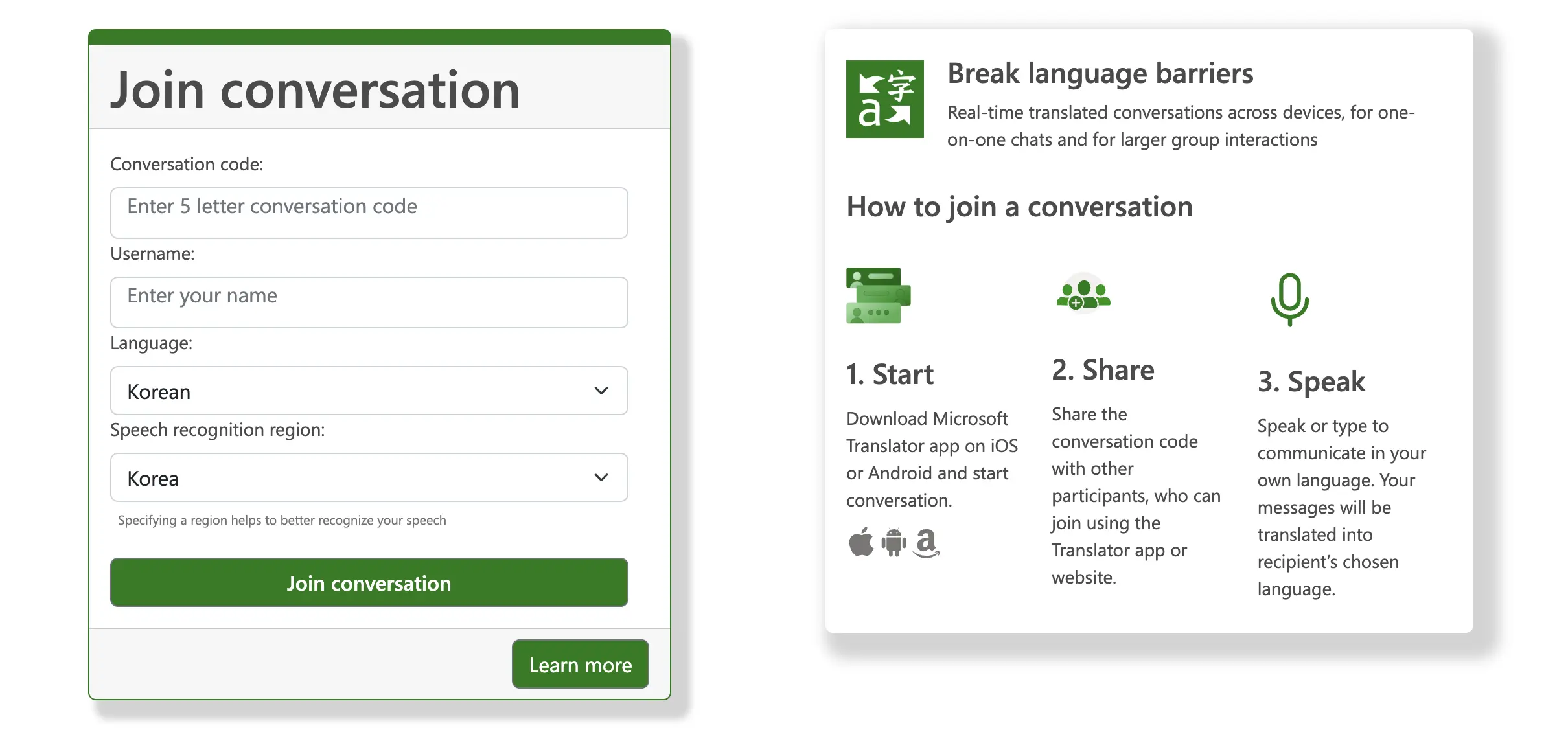 The interface of Microsoft Translator for translating Korean speech.