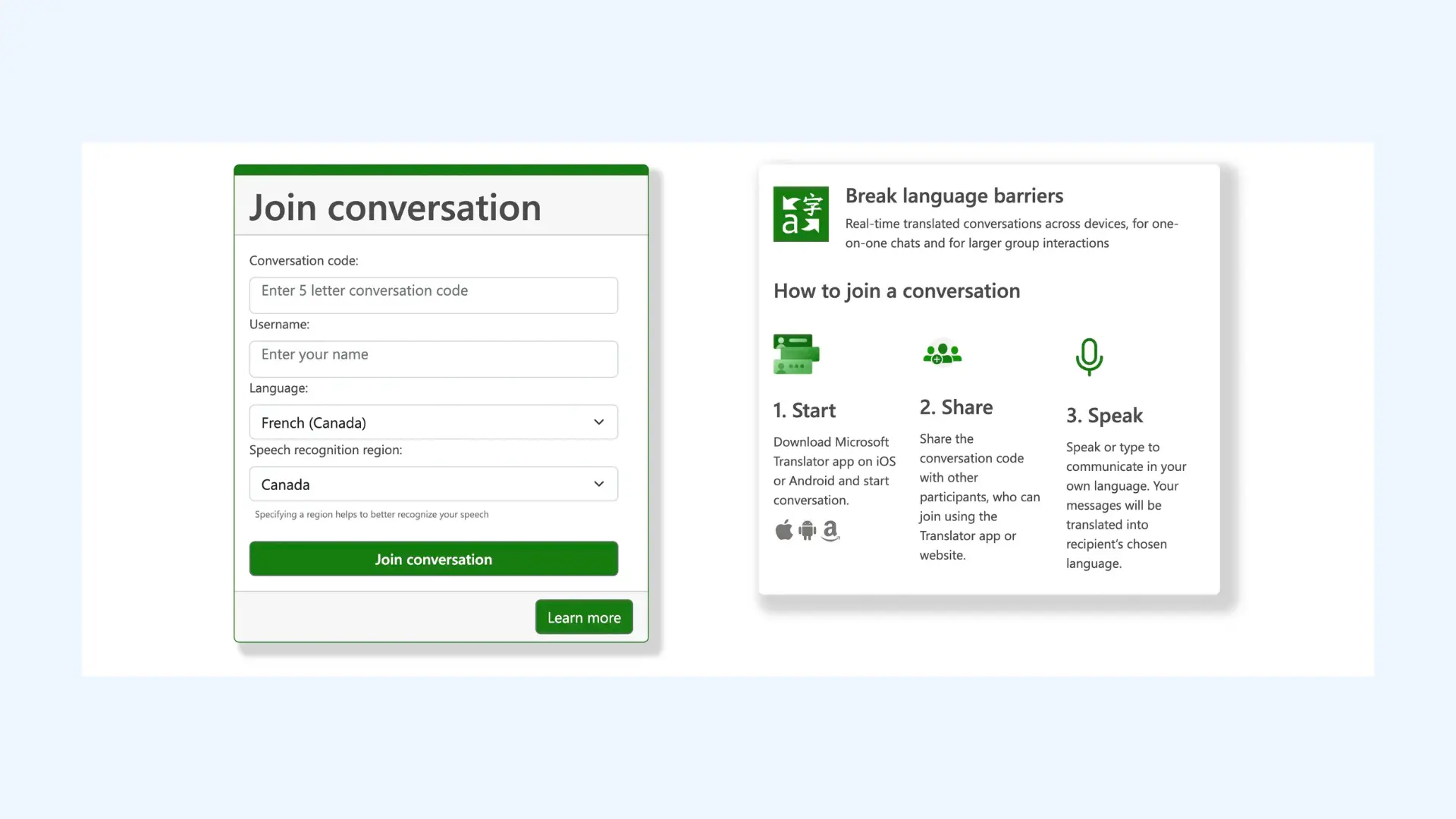 Microsoft Translator infographic showing the 'Join conversation' form and a guide for real-time translated group chats.