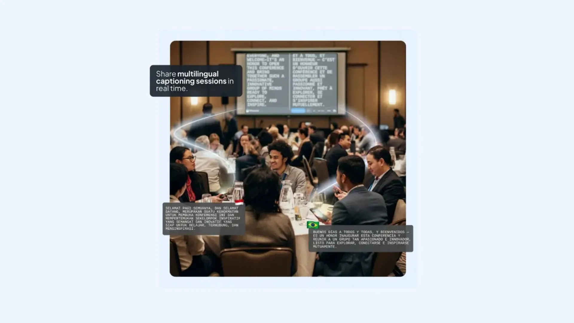 A multilingual event where Maestra's live captions are displayed on a large screen in multiple languages.