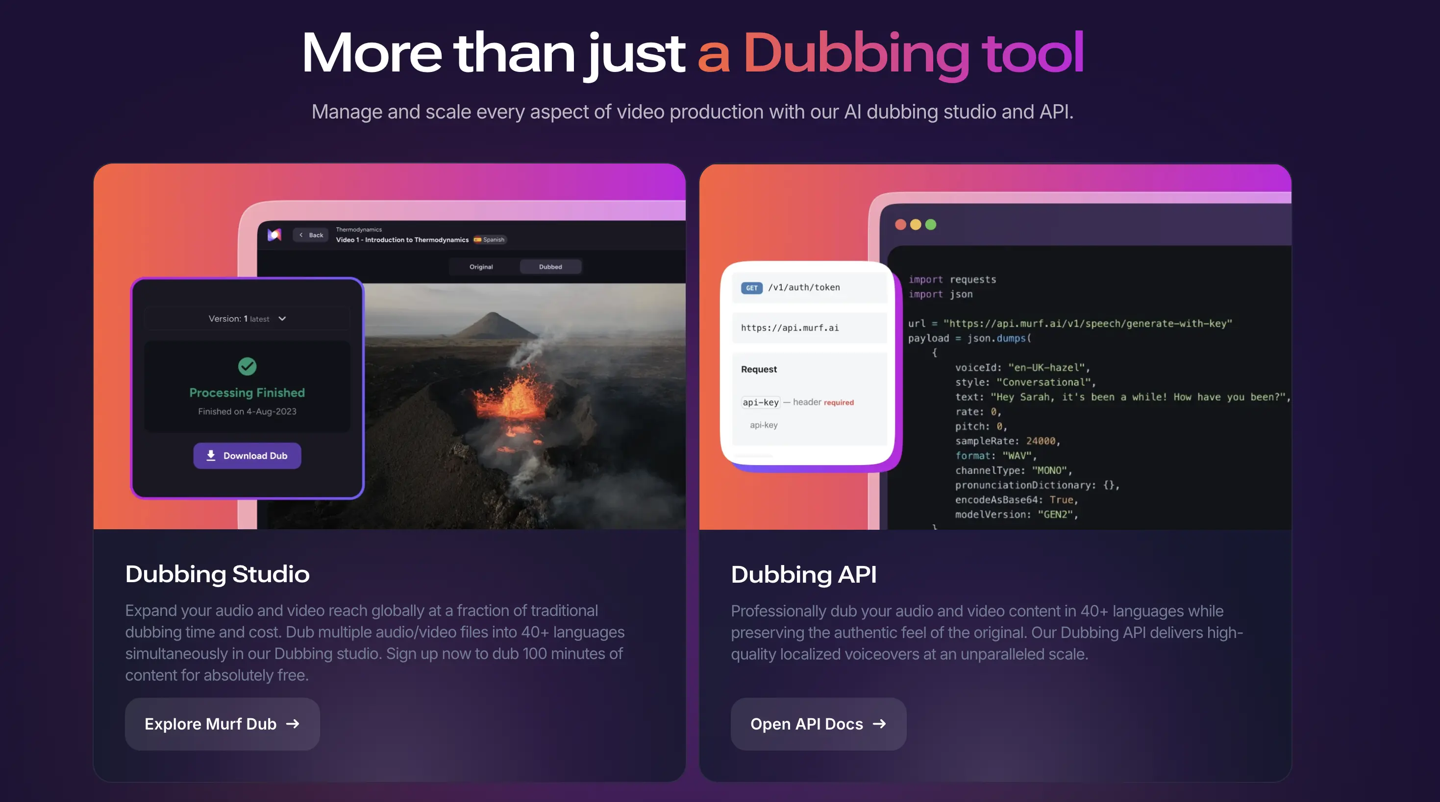 The web page of Murf AI's dubbing tool.
