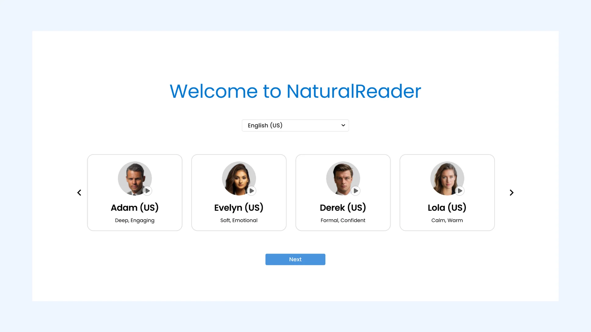 The interface of NaturalReader showing different AI voice options.