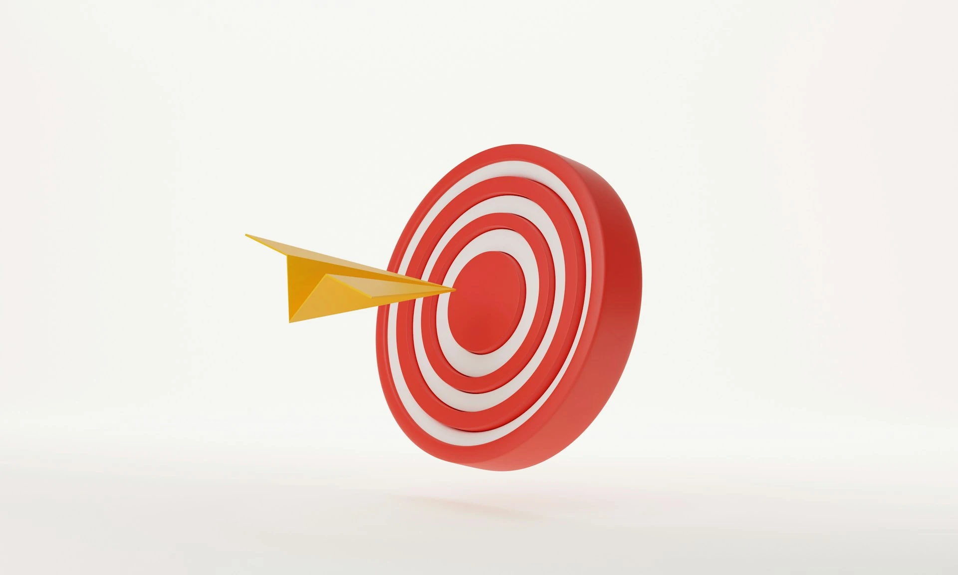 A 3D illustration of a yellow paper airplane hitting the center of a target.
