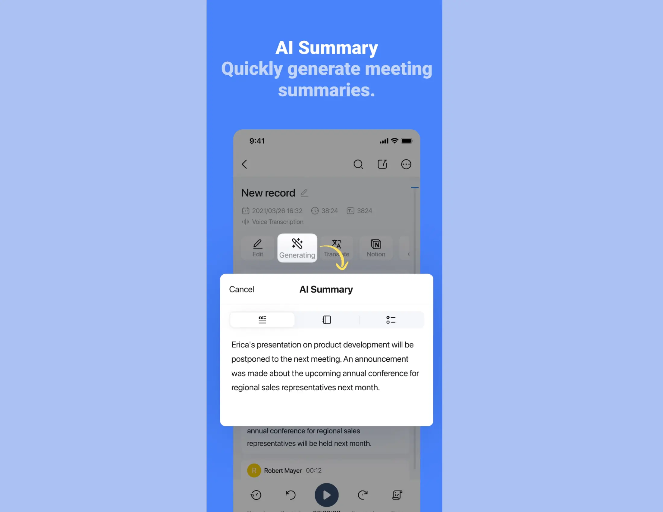 Notta app AI Summary feature on iPhone