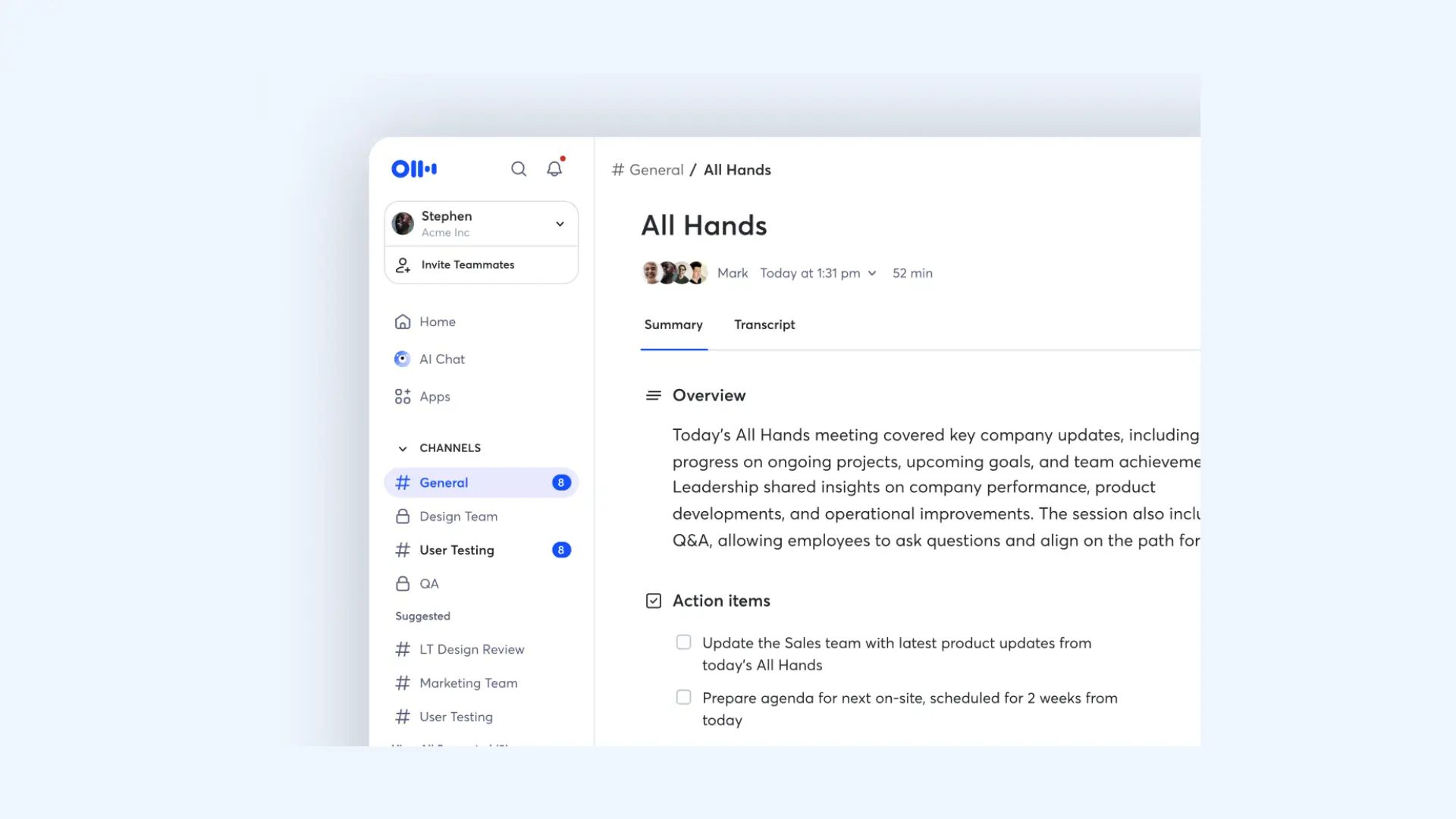 Otter interface displaying a summary of an "All Hands" meeting.