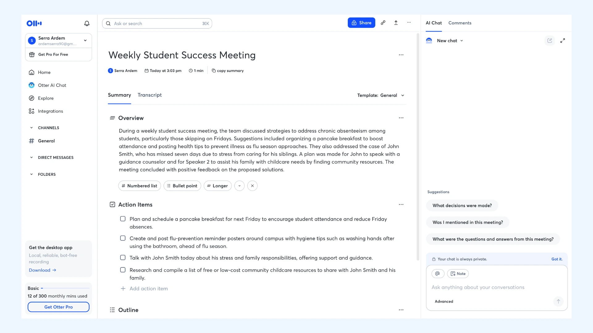 Otter interface displaying an AI-generated summary, action items, and an AI chat sidebar for a transcribed meeting.