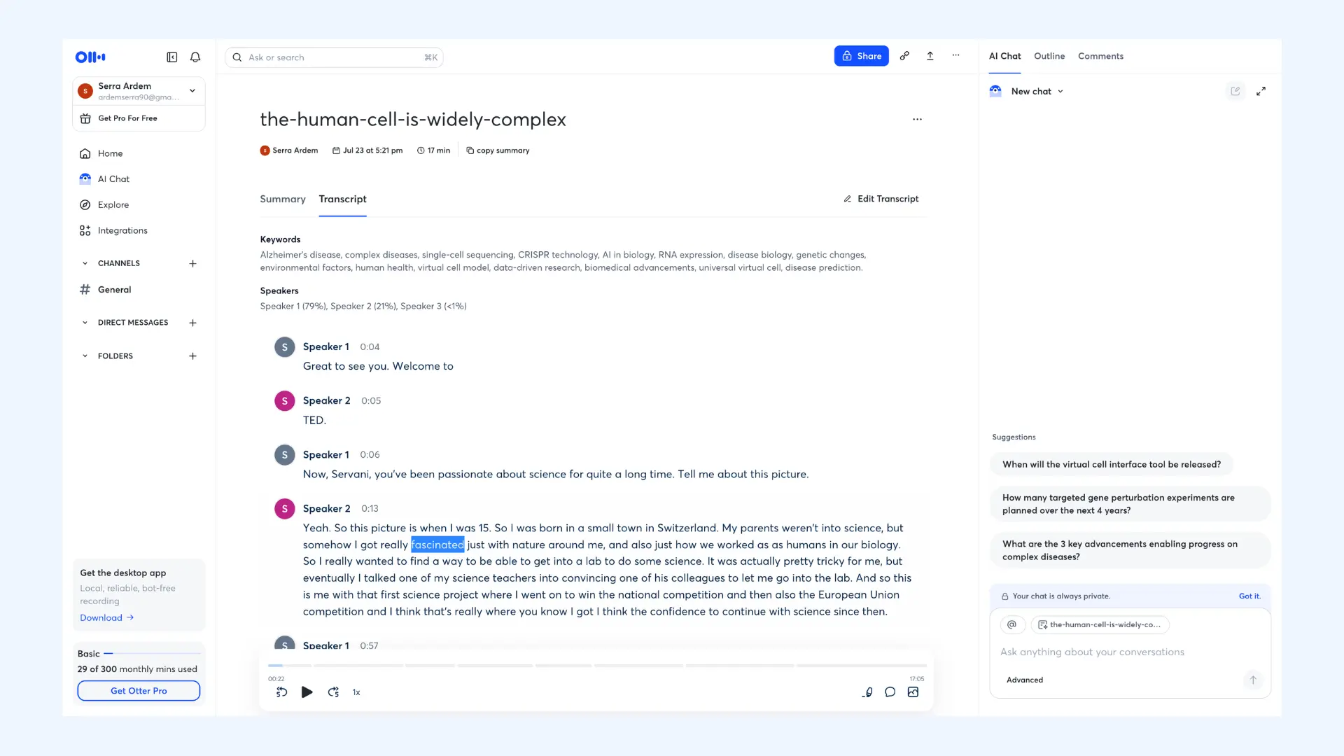 Otter interface displaying an academic transcript with speaker labels, keywords, and an AI chat side panel.
