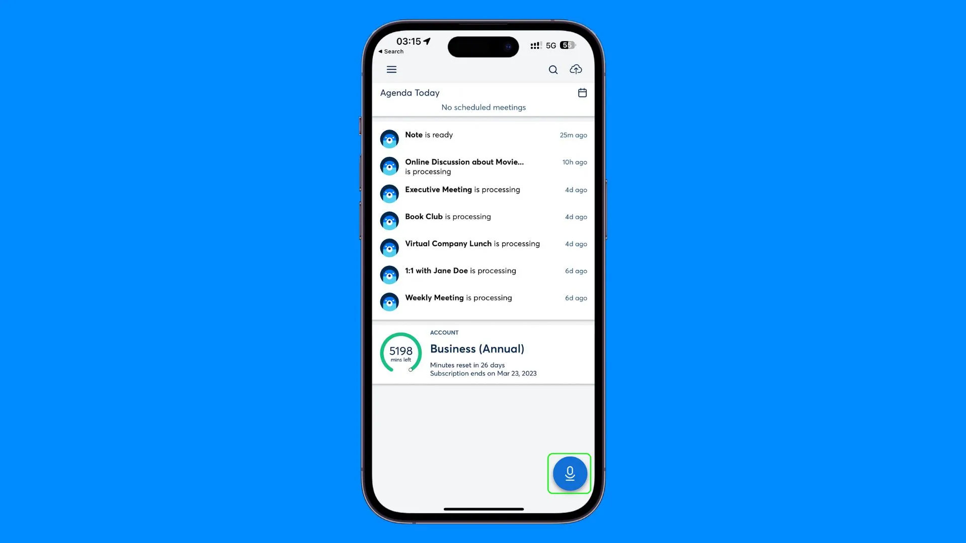 The interface of Otter AI voice recorder.