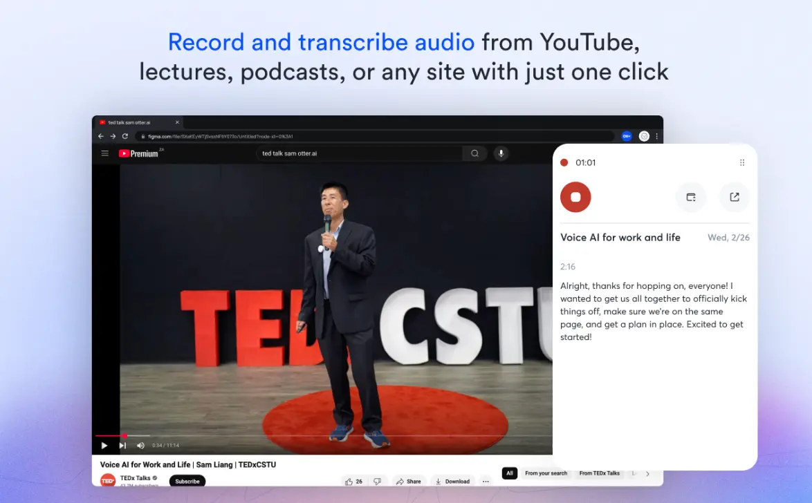 Otter.ai speech to text app transcribing a TEDx lecture with live captions and speaker identification