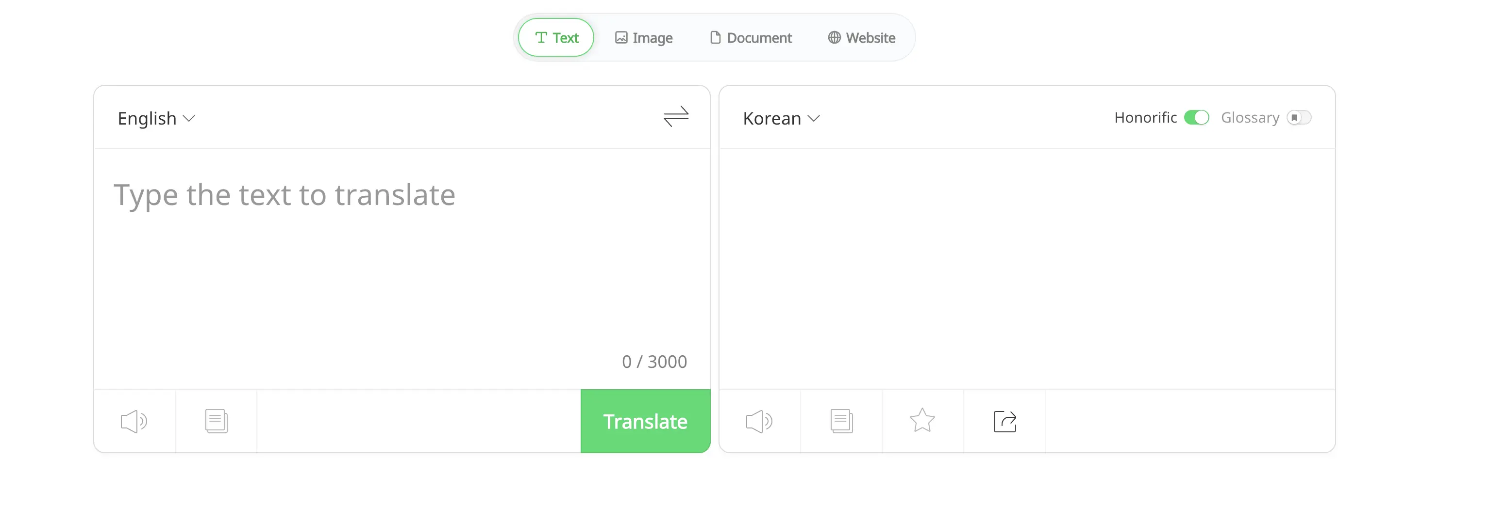 The interface of Papago for English to Korean translation.